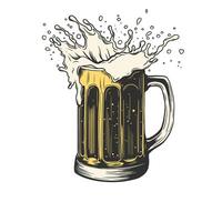 Hand drawn mug of beer with splash of foam. illustration isolated on white background for menu and packaging design for pubs, restaurants, craft brewing. vector