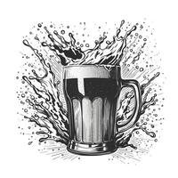 Engraving Glass with splashing beer isolated on white background. Hand drawn Vintage beer mug with foam splash and drops. Etching sketch style, woodcut vector