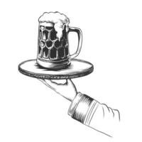 hand holding beer mug on plate. Waiter holding service tray with glass of frothy beer. Hand drawn monochrome ink sketch isolated on background for menu, happy hour, ads, Oktoberfest, beer festival. vector