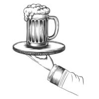 hand holding beer mug on tray. full frothy beer mug on waiter plate. Hand drawn monochrome ink sketch isolated on background for menu, happy hour, ads, Oktoberfest, beer festival. vector