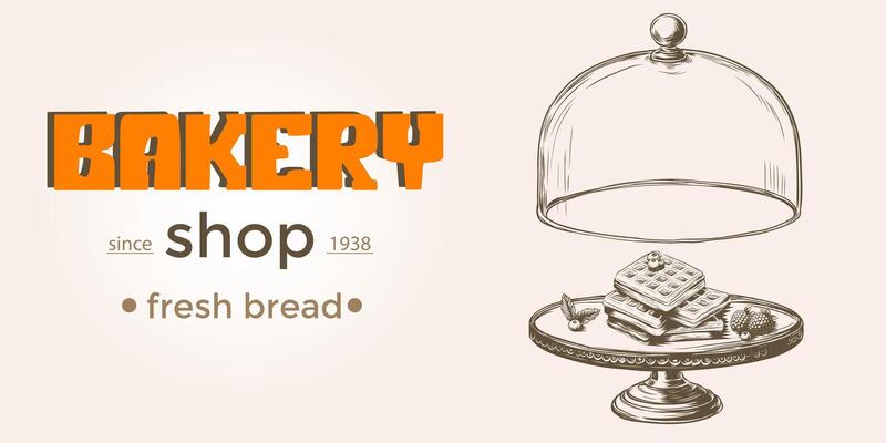 hand drawn waffles on cake stand under glass lid. template banner for bakery breakfast menu, pastry confectionary. Engraving of Sweet food. Decorative background with typography element.