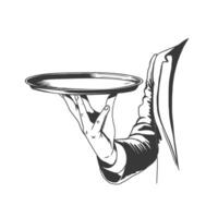 Elegant Waiter Holding Serving Tray in a Simple Line Drawing. Waiter dressed in suit, holding empty serving tray with one hand. Monochrome ink sketch style. vector