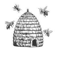 Wooden beehive and flying bees. Hand drawn engraving isolated on white background for beekeeping, honey production. Woodcut, etching vector