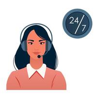 office Operator with headphones. Clients support 24 7. Customer service, call center, hotline, customer support department staff. Flat people character vector