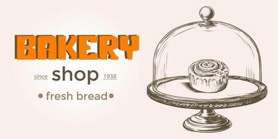 Vintage style bakery production banner with cinnamon roll under glass lid. Engraving of cinnamon bun for pastry, confectionary, cuisine, cafe. illustration in line sketch style. vector