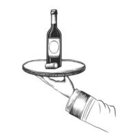 Hand Holding serving Tray With Wine Bottle and Cork. detailed black and white elegance sketch. illustration isolated on background for wine tasting, degustation, pub, bar, menu cover vector