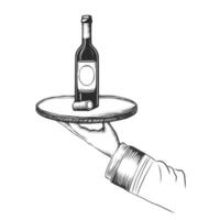 mano participación servicio bandeja con vino botella y corcho. detallado negro y blanco elegancia bosquejo. ilustración aislado en antecedentes para vino saboreo, degustación, pub, bar, menú cubrir vector