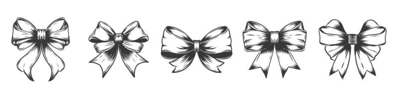 hand drawn ribbon bow collection in sketch style. Engraving of Bowknot for decoration, gift, headband, hair accessory. big set of bowtie vector