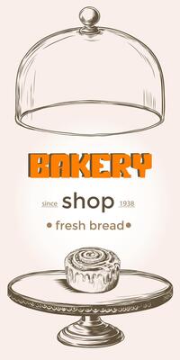 Bakery shop poster with sweet pastry cinnamon bun under glass lid. Hand drawn sketch style illustration for bakery shop designs, menu, package. Vintage engraving