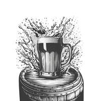 mano dibujado cerveza jarra con chapoteo y gotas en de madera barril. monocromo bosquejo aislado en blanco antecedentes. cerveza vaso grabado para menú diseño, contento hora, póster. vector