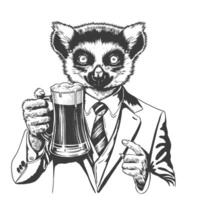 Lemur with a beer mug. Brewer with a glass cup. Fashion animal character. Hand drawn sketch. engraved imitation for logo and tattoo, pub, bar, menu cover or T-shirts print. vector