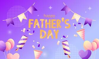 Happy Father's Day set of elements for congratulating dady. Greeting card, poster or banner with balloons, party poppers with confetti vector