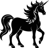 A black and white illustration of a unicorn vector