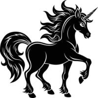 A black and white illustration of a unicorn vector