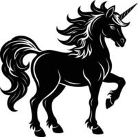 A black and white illustration of a unicorn vector