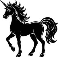 A black and white illustration of a unicorn vector