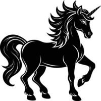 A black and white illustration of a unicorn vector