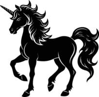 A black and white illustration of a unicorn vector