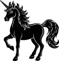 A black and white illustration of a unicorn vector