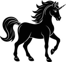 A black and white illustration of a unicorn vector