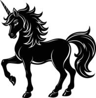 A black and white illustration of a unicorn vector