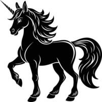 A black and white illustration of a unicorn vector