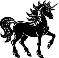 A black and white illustration of a unicorn vector