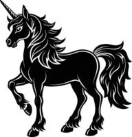 A black and white illustration of a unicorn vector