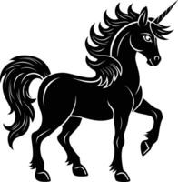 A black and white illustration of a unicorn vector