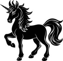 A black and white illustration of a unicorn vector