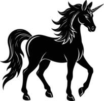 A black and white illustration of a unicorn vector