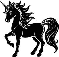 A black and white illustration of a unicorn vector