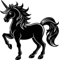 A black and white illustration of a unicorn vector