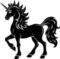 A black and white illustration of a unicorn vector