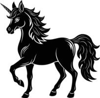 A black and white illustration of a unicorn vector