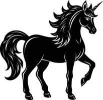 A black and white illustration of a unicorn vector