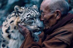 side view of tibetan monk and wild snow leopard. Day of Vesak. Buddhism is all about love and compassion. kindness creating an atmosphere of peace and tranquility photo