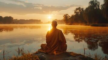 Day of Vesak that Buddha was born. Back view of monk sitting in lotus position on backdrop of tranquil lake at dawn with first rays of sun. celebrate compassion and devotion to service of humanity photo