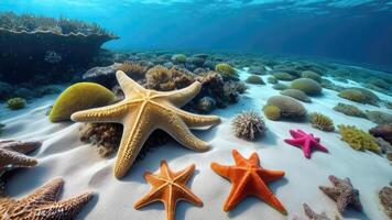 sereno submarino escena con diverso estrella de mar y corales, bañado en natural luz, Perfecto para de temática marina proyectos submarino ecosistemas, ecoturismo, verano fiesta concepto foto