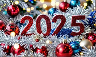 2025 en rojo reluciente, festivo decoraciones, nuevo año celebracion tema antecedentes con oropel, azul, rojo, blanco pelotas y decoraciones de Navidad árbol foto