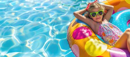 amplio Disparo de pequeño niña relajante en vistoso inflable flotador en piscina, vistiendo brillante traje de baño y Gafas de sol. bandera, anuncios, verano vacaciones promociones con amplio Copiar espacio foto