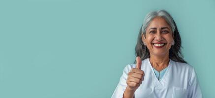 banner, wide shot of middle-aged Indian female doctor in white scrubs doing delicious thumbs up sign, smiling looking in camera, happy expression, blue background copy space photo