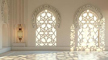 A serene mosque interior with ornate arched windows casting beautiful shadows, embodying the peaceful commencement of the Islamic New Year photo