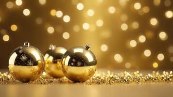 three gold-colored Christmas balls on glittering soft-focus golden lights bokeh background. ideal for use in holiday-themed designs, marketing materials, decorative element in festive settings photo