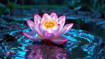 lotus flower in neon light tones emerging from water depths of pond, Day of Vesak that Buddha was born. serene atmosphere of meditation as symbol of purity and enlightenment in Buddhist tradition photo