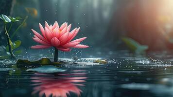 Day of Vesak that Buddha was born. lotus flower emerging from water depths of pond surrounded by greenery, serene atmosphere of meditation as symbol of purity and enlightenment in Buddhist tradition photo