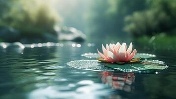 Day of Vesak that Buddha was born. lotus flower emerging from water depths of pond surrounded by greenery, serene atmosphere of meditation as symbol of purity and enlightenment in Buddhist tradition photo