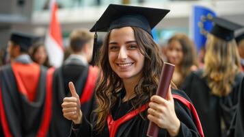 graduation ceremony. happy graduate in black graduation gown holds rolled-up diploma. Her smile radiant with pride and satisfaction as she reflect on her academic achievements photo