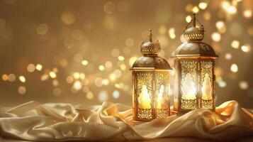 Celebrating Islamic New Year, two golden lanterns radiate warmth on silk, with twinkling lights in the background, embodying tradition and festivity photo