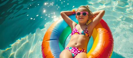 amplio Disparo de pequeño niña relaja en vistoso inflable flotador en piscina, vistiendo brillante lunares traje de baño y Gafas de sol. bandera, Copiar espacio foto